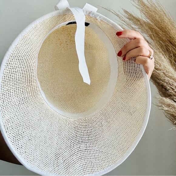 VINTAGE NORDSTROM Cream Tan Straw Wide Visor Brim White Bow Tie Ribbon Sun Hat - Picture 8 of 10